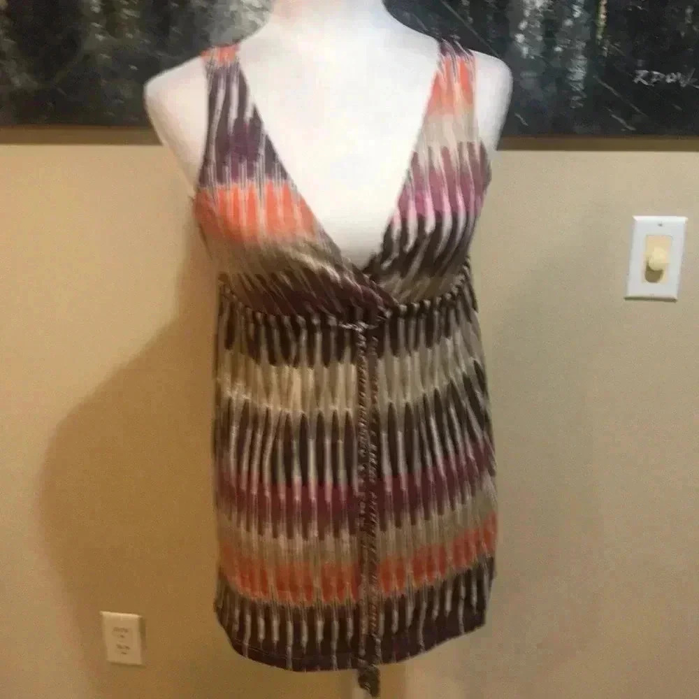 New York & Company Boho Styling Tunic Top with Tie Below Breast with Beading-S